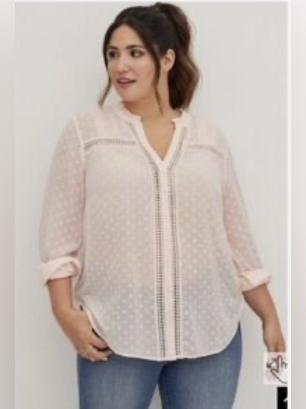 Torrid Size 3 Sheer Pink Chiffon Button Down Blouse Swiss Dot Lace Trim Romantic